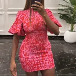 Fashionable Lantern Sleeve Mini Dress Stand Collar Printed Shoulder Pads Slim Fit Casual Summer