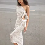 Lace One Shoulder Dress Sexy Hollow Out Long Sleeve Bow Detail Autumn Winter Fashion Wholesale A