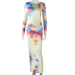 Spring European and American Style Fashionable Backless Dress Color Block Long Sleeve Bodycon Si
