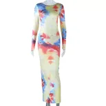 Spring European and American Style Fashionable Backless Dress Color Block Long Sleeve Bodycon Si