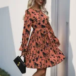 Vintage Floral Print Pleated Dress Long Sleeve Autumn Style Elegant Design Perfect for Dates Who