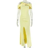 Slim Fit Solid Color Long Bodycon Dress with Asymmetrical Design Off Shoulder Neckline Split Det