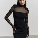 Elegant Womens Long Dress Half Turtleneck Sheer Mesh Panels Fitted Silhouette Solid Color Should