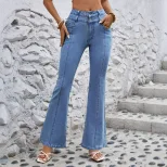 Womens Stretchy Casual Straight Leg Denim Pants Versatile Design Comfortable Fit Trendy Style Wh