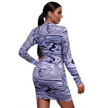 Abstract Tie Dye Print Long Sleeve Bodycon Dress Trendy European and American Style Perfect for