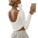 Lace Panel Long Sleeve Top Sexy Slim Fit Backless Design Ribbed Texture Perfect for Parties and