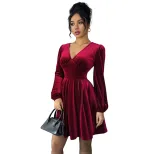 Vintage Style Burgundy Velvet A Line Dress V Neck Lantern Sleeves Slim Fit Ruffled Cocktail Part