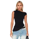 Womens Sleeveless T Shirt Sexy Asymmetrical Neckline Chic Style Spring Summer Fashion Wholesale