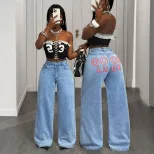 Wide Leg High Waisted Denim Trousers Vintage Style Loose Fit Versatile Design Casual Wear for Wo