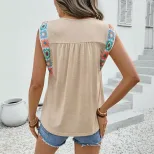 Loose Fit Womens T Shirt Ethnic Style Round Neck Woven Patchwork Casual Wear for Spring Summer W