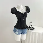 Summer Womens T Shirt Sweet Style Puff Sleeves Bow Tie Design Casual Wear Ready to Ship OEM ODM