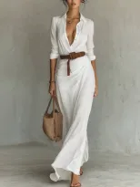 Elegant Womens Autumn Dress Solid Color Irregular Pleats Waist Belt Perfect for Casual or Formal