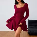 Elegant Square Neck High Waisted Dress Spring Summer Collection Fashionable Design Womens Appare