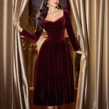 Wine Red Velvet Long Sleeve Square Neck A Line Dress Vintage Style Spring Summer Occasion Wholes