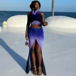 Fashion Floral Two Piece Set Sleeveless Backless High Slit Skirt Trendy for Summer Outings Whole