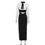 Womens Summer Elegant V Neck Halter Dress Slim Fit Solid Color Backless Design Perfect for Parti