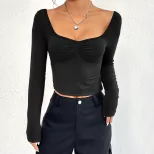 Slim Fit Long Sleeve T Shirt V Neck Side Slit Sexy Design Autumn Winter Womens Fashion Wholesale