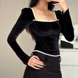 French Style Womens Dress Square Neck Backless Slim Fit Lace Trim Long Sleeve Elegant Evening We