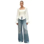 French Style Square Neck Puff Sleeve Chiffon Blouse Slim Fit High Split Vintage Design Perfect f