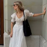 Womens Vintage Polka Dot Midi Dress Elegant Fit and Flare Puff Sleeve Summer Casual Wear