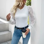 White Long Sleeve Lace T Shirt for Women Vintage Style Casual Wear low MOQ