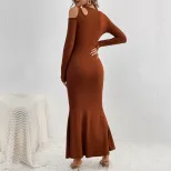 Fashionable Bodycon Long Dress Milk Silk Fabric Hollow Shoulder Design Slim Fit Elegant Style Pe