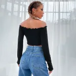 Womens Street Style Knit Crop Top Off Shoulder Long Sleeve Casual Trendy Design Perfect for Ever