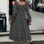Fashionable Womens Dress Square Neck Polka Dot Print Autumn Style Perfect for Casual Outings Who