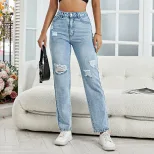 Casual Distressed Straight Leg Jeans for Women Versatile Style Comfortable Fit Trendy Design Who