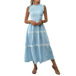 Summer Sleeveless Dress Sweet Lace Trim Striped Pattern Casual Style Perfect for Warm Weather Oc