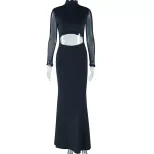Fashionable Womens Solid Color Dress Sheer Mesh Paneling Long Sleeve High Neck Elegant Fit Perfe