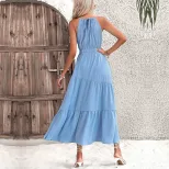Womens Sleeveless Halter Dress Waist Defined Cake Skirt Design Casual Vacation Wear OEM Availabl