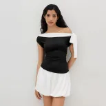 Elegant Black and White Color Block Sleeveless Top Slim Fit Off Shoulder Bow Tie Detail Perfect