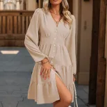 Elegant Ruffled Hem Dress for Women Slim Fit Solid Color Perfect for Spring and Autumn