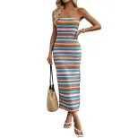 Strapless Beach Vacation Dress Colorful Embroidery Striped Design Trendy Style Perfect for Summe