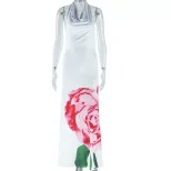 Fashion Floral Print Sleeveless Maxi Dress Sexy Off Shoulder Design Elegant Draped Neckline Perf