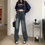 牛仔裤女2023春秋新款复古设计感宽松显瘦百搭直筒高腰阔腿拖地裤