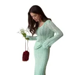 Two Piece Set Hollow Knit Skirt and Long Sleeve Top French Vacation Style Cotton Casual Ready to