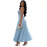 French Style Embellished A Line Dress Rhinestone Detail Mesh Fabric Slim Fit Spaghetti Straps Ev