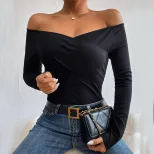 Slim Fit Long Sleeve Knit T Shirt Off Shoulder Neckline Elegant Style Comfortable Fabric Perfect