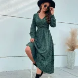 Long Sleeve Leopard Print Maxi Dress Green Color Trendy Design Autumn Fashion Wholesale Availabl
