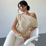 Summer Striped Short Sleeve Top One Shoulder Design Fitted Waist Versatile Knit Casual Office We