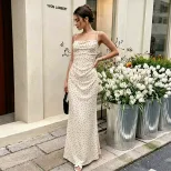 French Style Polka Dot Slip Dress Sleeveless Bodycon Fit Elegant Neckline Summer Vacation Wear W