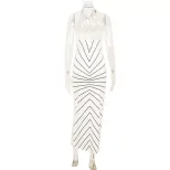 Striped Print Halter Neck V Neck Dress Twist Front Backless Waist Cinching Elegant Evening Gown