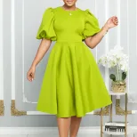 A Line Dress Round Neck Puff Sleeves Waist Defined Flowy Hem Elegant Evening Wear Wholesale Avai