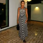 Zebra Print Maxi Dress V Neck Hollow Out Waist Cinching Elegant Casual Wear for Summer Wholesale