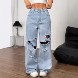 Loose Fit Butterfly Embroidered Ripped Denim Pants Womens Casual Style Perfect for Everyday Wear