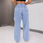 Fashionable Womens Distressed Wide Leg Straight Leg Jeans Casual Style Trendy Design Comfortable