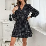 Black Polka Dot Long Sleeve V Neck Dress for Women Casual Elegant Style Available in S to XL Wholesale Ready to Ship