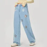 Loose Fit Wide Leg Jeans Floral Hollow Design Casual Style Womens Fashion for Spring Summer Whol